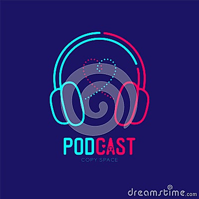 Headphone logo icon outline stroke with heart love symbol dash line design, Podcast internet radio program online concept Vector Illustration