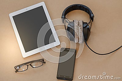 Headphone mobile notebook small box. Stock Photo