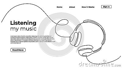 Headphone one line drawing minimalist, continuous hand drawn style vector illustration. Listening music gadget, Landing page Vector Illustration