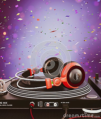 Headphone on Turntable vinyl player Cartoon Illustration