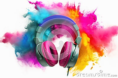 Headphone and vivid color powder on white background. Generative AI Cartoon Illustration