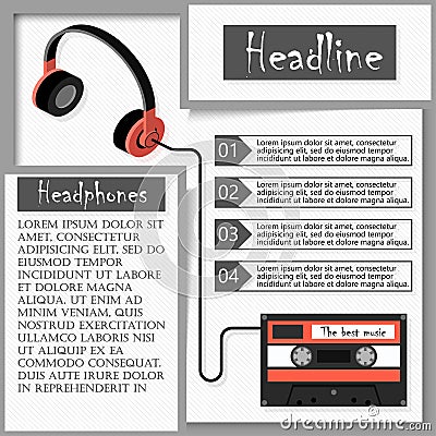 Headphones and audiocassette. Infographics Vector Illustration