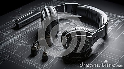 Headphones on the blueprint of the house, close-up. Generative AI Stock Photo