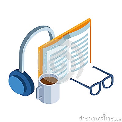 Headphones, book and coffee mug and glasses Vector Illustration