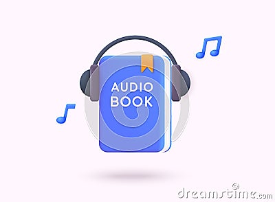 Headphones, Book and Music Notes Symbols Floating Objects Cartoon Style. 3D Web Vector Illustrations Vector Illustration