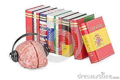 Headphones with brain and books, languages learning Stock Photo