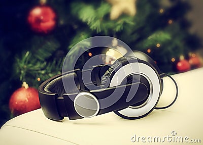 Headphones with christmas tree. Stock Photo