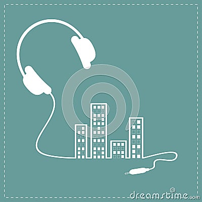 Headphones cord equalizer building house with swith on light windows Music background card. Outline icon. Flat design Vector Illustration