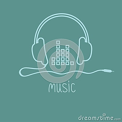 Headphones with cord and equalizer word Music background card Outline icon. Flat design Vector Illustration