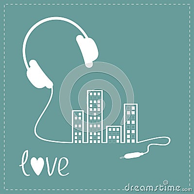 Headphones cord in shape of equalizer building house with swith on light windows Love Music background card. Outline icon. Flat de Vector Illustration