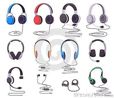 Headphones and earphones. Music or gaming wired audio equipment, earphones stereo digital gadget. Headphone equipment Vector Illustration