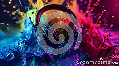 Headphones emerge from a vibrant explosion of neon paint splashes against a dark background Cartoon Illustration