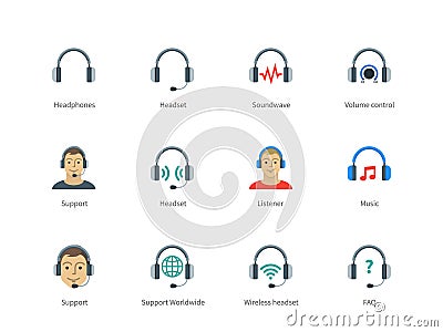 Headphones and headset color icons on white Vector Illustration