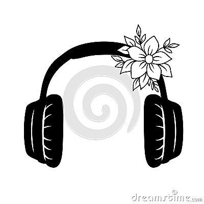 Headphones, headset with flower, monochrome sketch outline vector line art. Floral Device, audio accessory Vector Illustration