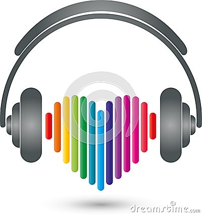 Headphones and heart, music and entertainment logo Stock Photo