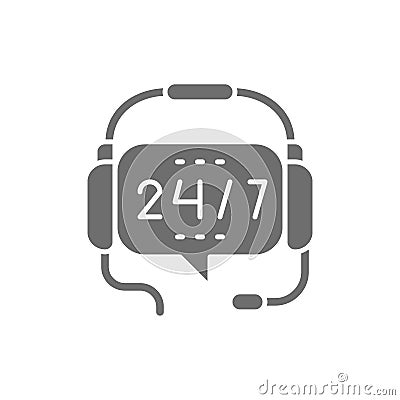 Headphones with microphone, round-the-clock service, non stop support grey icon. Vector Illustration