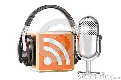 Headphones and microphone with RSS logo podcast, 3D rendering Stock Photo