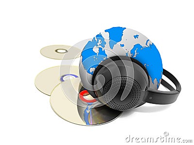 Headphones and Music CD with globe Stock Photo