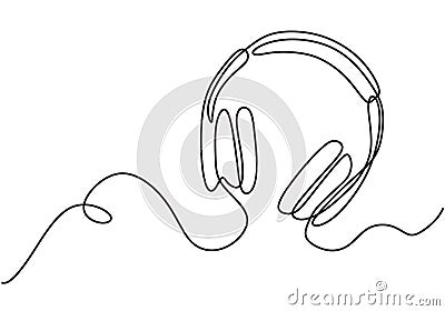 Headphones music and technology symbols Vector illustration isolated on white background. Continuous line drawing of earphone Cartoon Illustration