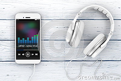 Headphones near Mobile Phone with Music Playlist. 3d Rendering Stock Photo