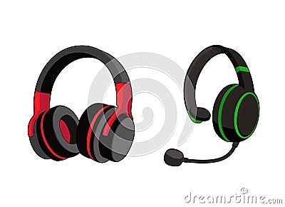 Headphones stereo. Customer service or gamer headset. Headphone with microphone. Vector graphic illustration. Isolated white Cartoon Illustration