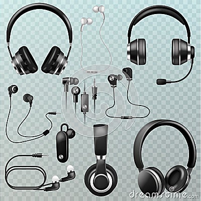 Headphones vector headset and earphones stereo technology and audio dj equipment illustration set of realistic headgear Vector Illustration