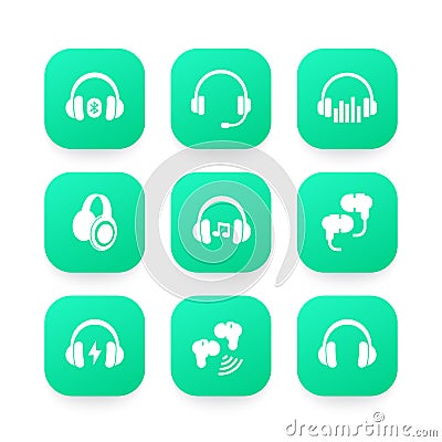 Headphones, wireless earbuds, headsets icons Vector Illustration