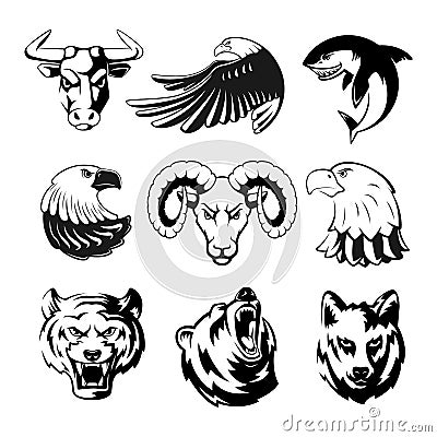 Heads of animals for logo or sport symbols. Grizzly, bear and eagle. Monochrome mascots illustrations for labels. Wolf Vector Illustration