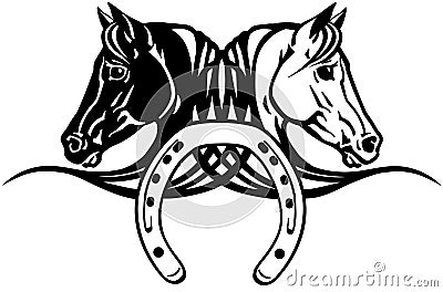 Heads of black and white horses with shoe Vector Illustration