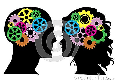 Heads with colored gears Stock Photo