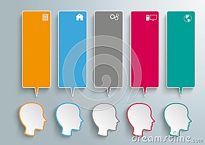 5 Heads Colored Speech Bubbles Vector Illustration