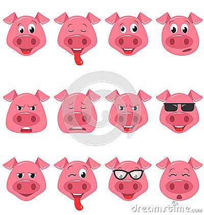 Heads of Cool Funny Pig Emoticon Characters, Happy, Cool, Angry, Tired Emotions. Set Avatars Vector Illustration