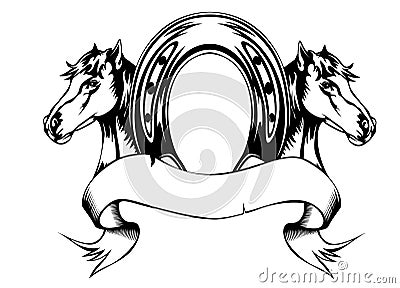 Heads horses and horse shoe Vector Illustration