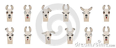 Heads of Lama with Different Emotions - Smiling, Sad, Anger, Aggression, Drowsiness, Fatigue, Malice, Surprise, Fear Vector Illustration