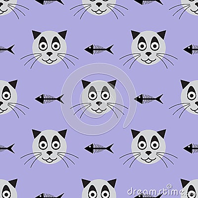 Heads of smiling cat and skeletons of fish. Funny seamless pattern. Vector illustration. Vector Illustration