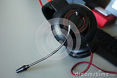 Headset-headphones for games and communication, Details, close-up Editorial Stock Photo