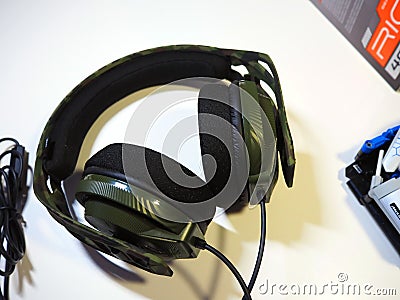 Headset for a personal computer. Headset - headphones for use with a computer Editorial Stock Photo