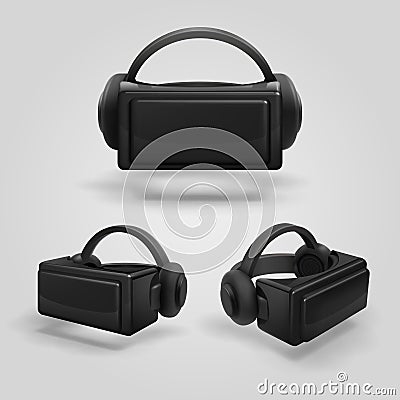 Headset and stereoscopic virtual reality goggles. Realistic vr glasses and headphones vector illustration Vector Illustration