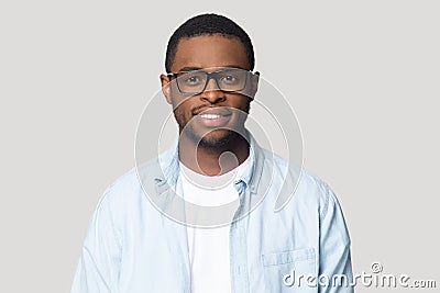 Headshot of african American male in glasses posing in studio Stock Photo