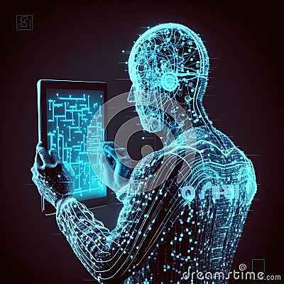 Headshot of artificial bioluminal transparent fake AI person watching a laptop on navy blue background Stock Photo