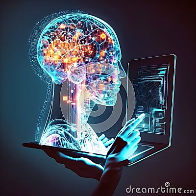 Headshot of artificial bioluminal transparent fake AI person watching a tablet Stock Photo