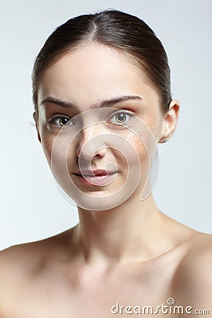 Headshot of emotional female face portrait with calm and trustful facial expression Stock Photo