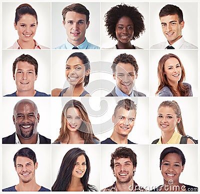 Headshot, face collage or portrait of happy people in a community, mulitcultural group with diversity. Studio montage Stock Photo