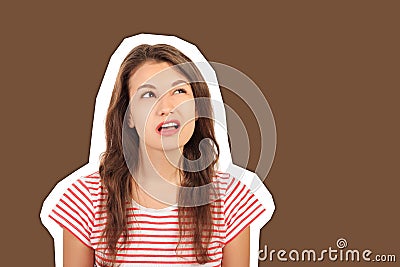 Headshot of indecisive confused young girl. emotional girl Magazine collage style with trendy color background Stock Photo