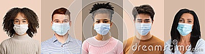 Headshot millennial and mature multiracial persons in protective masks isolated on colorful backgrounds, prevent flu Stock Photo