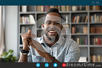 Headshot portrait biracial man talk on webcam at home Stock Photo