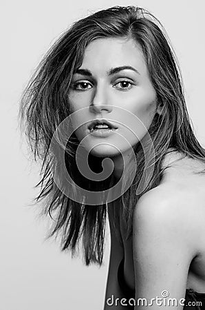 Headshot portrait, black and white fashion model girl Stock Photo