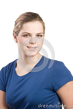 Headshot portrait of teenage girl in blue blouse Stock Photo
