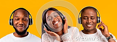 Headshot Portraits Of Excited Black People Wearing Wireless Headphones Stock Photo