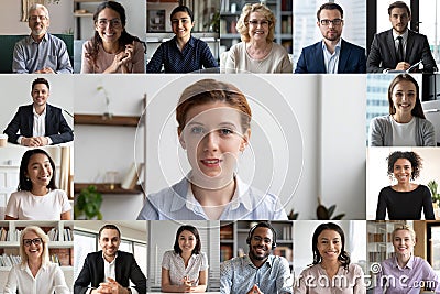 Screen view of diverse colleague have webcam team conference Stock Photo